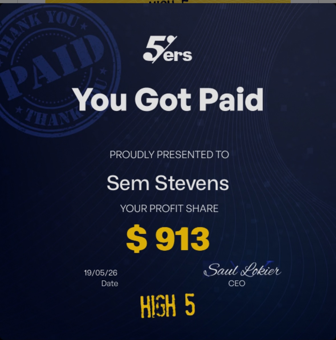 Sem Stevens $913 profit share payout