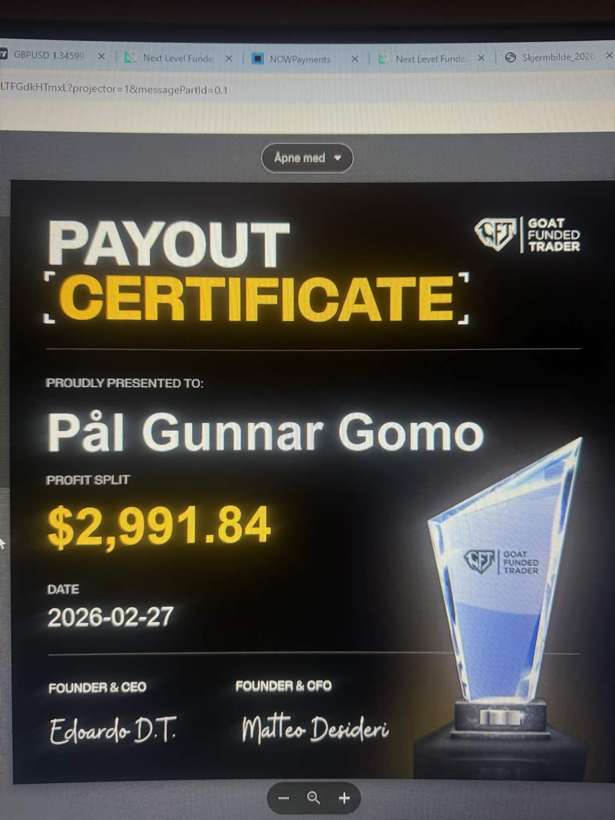 Pål Gunnar Gomo $2,991.84 payout certificate