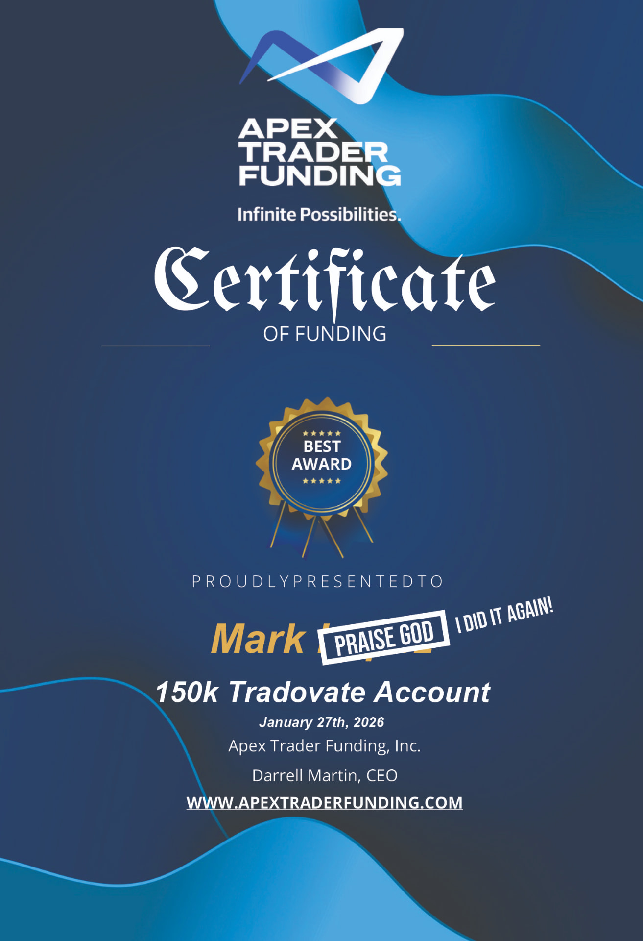 Mark's 150k funded account certificate